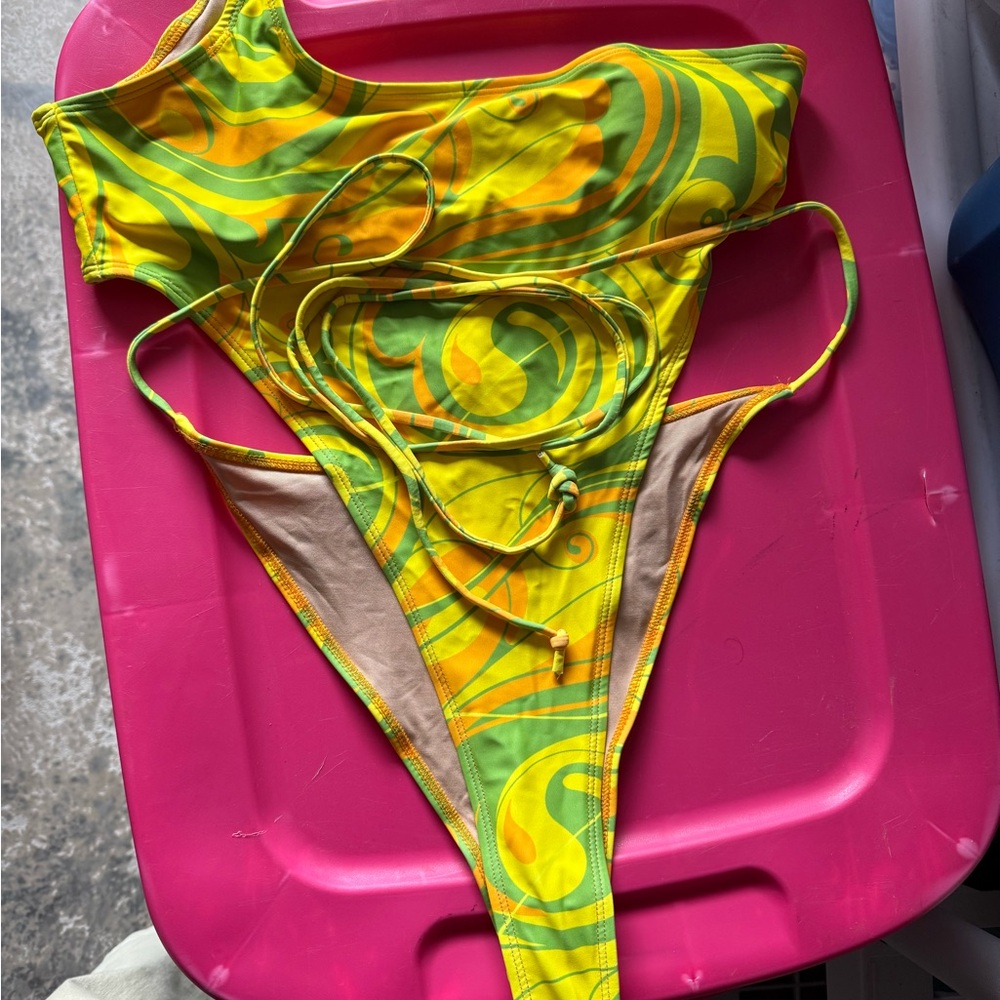 Vibrant Yellow and Green One-Shoulder Swimsuit